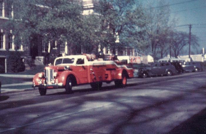 This remarkable 1943 photo by Don Steele was scanned from a 35mm slide that Don took of Hamden's 1941 Diamond-T ladder truck as it passed by the town hall on Dixwell Avenue.  This is the oldest color photograph posted thus far. (Courtesy of the Hamden Historical Society)