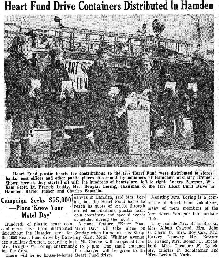 February 20, 1958 - The 1930 Maxim pumper, now the department's spare housed at Mt. Carmel, was once again the backdrop for career and volunteer firefighters who contributed their time to the annual Hamden Heart Fund Drive.  Francis "Chalky" Leddy and Charlie Esposito served as career members for 40 years and 30 years respectively.  Bill Scott was also a Hamden career firefighter for a time in the 1960s.